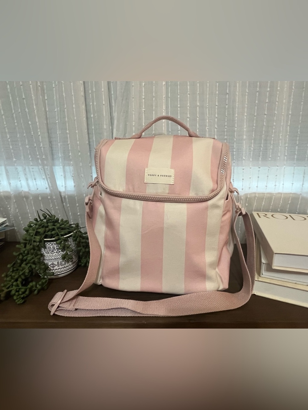 Poppy & Peonies Pink and Cream Striped Women’s large lunch cooler bag NWOT
